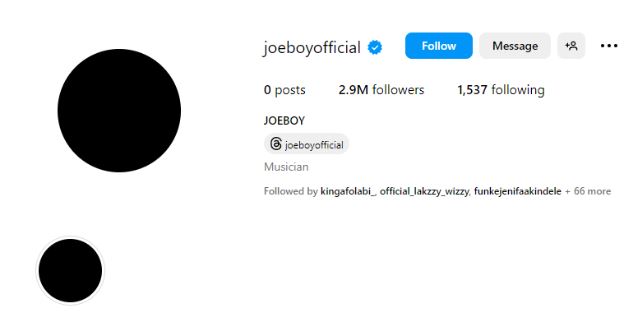 Nigerian singer Joeboy deletes all posts on IG, as he adopts black profile photo