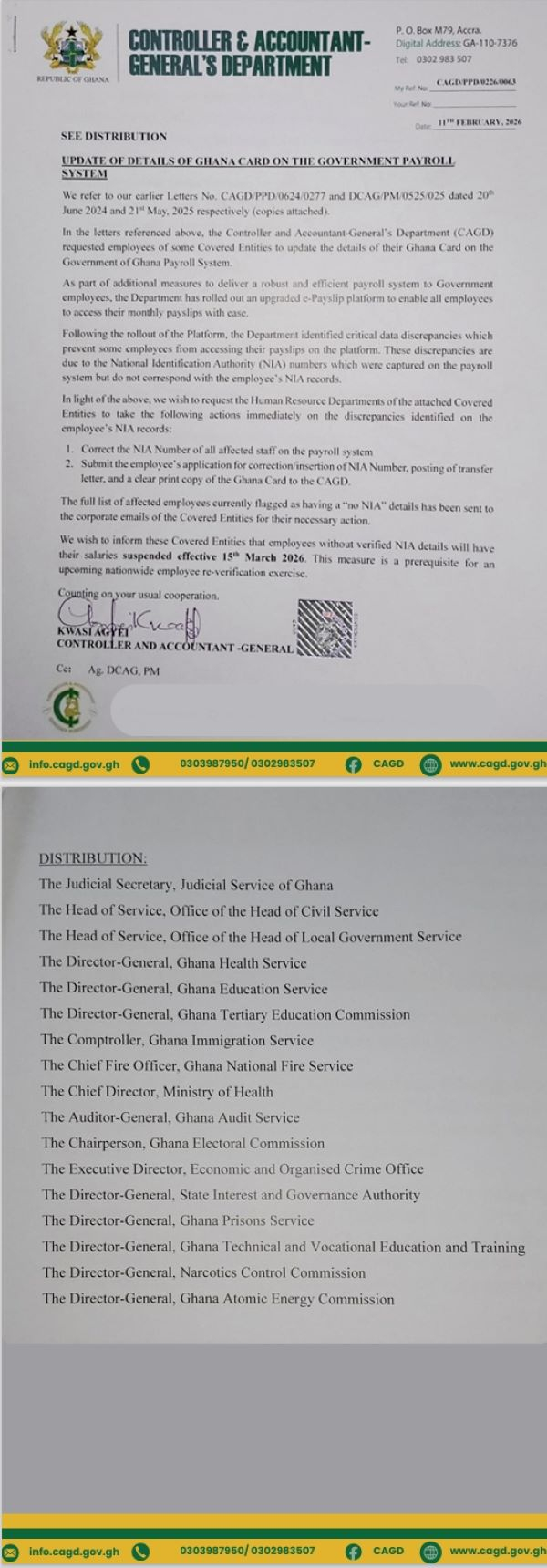BREAKING: NO GHANA CARD, NO PAY CHECK! CAGD SLAMS MARCH 15 DEADLINE ON PUBLIC PAYROLL